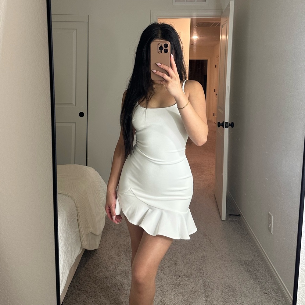 White Fox Boutique White Ruffle-Hem Mini Dress